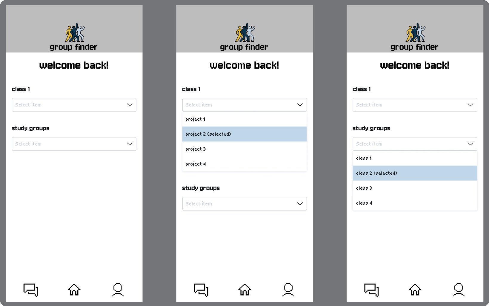 Group Finder hi-fi screens — home and selection