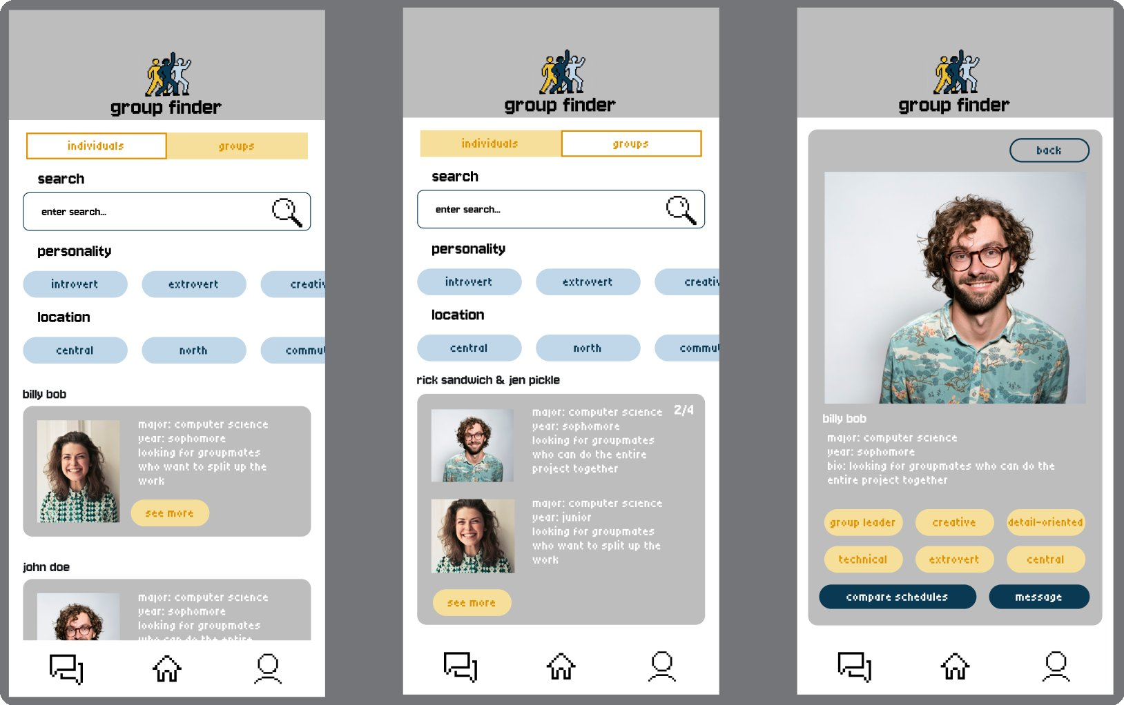 Group Finder hi-fi screens — browse, groups, and profile